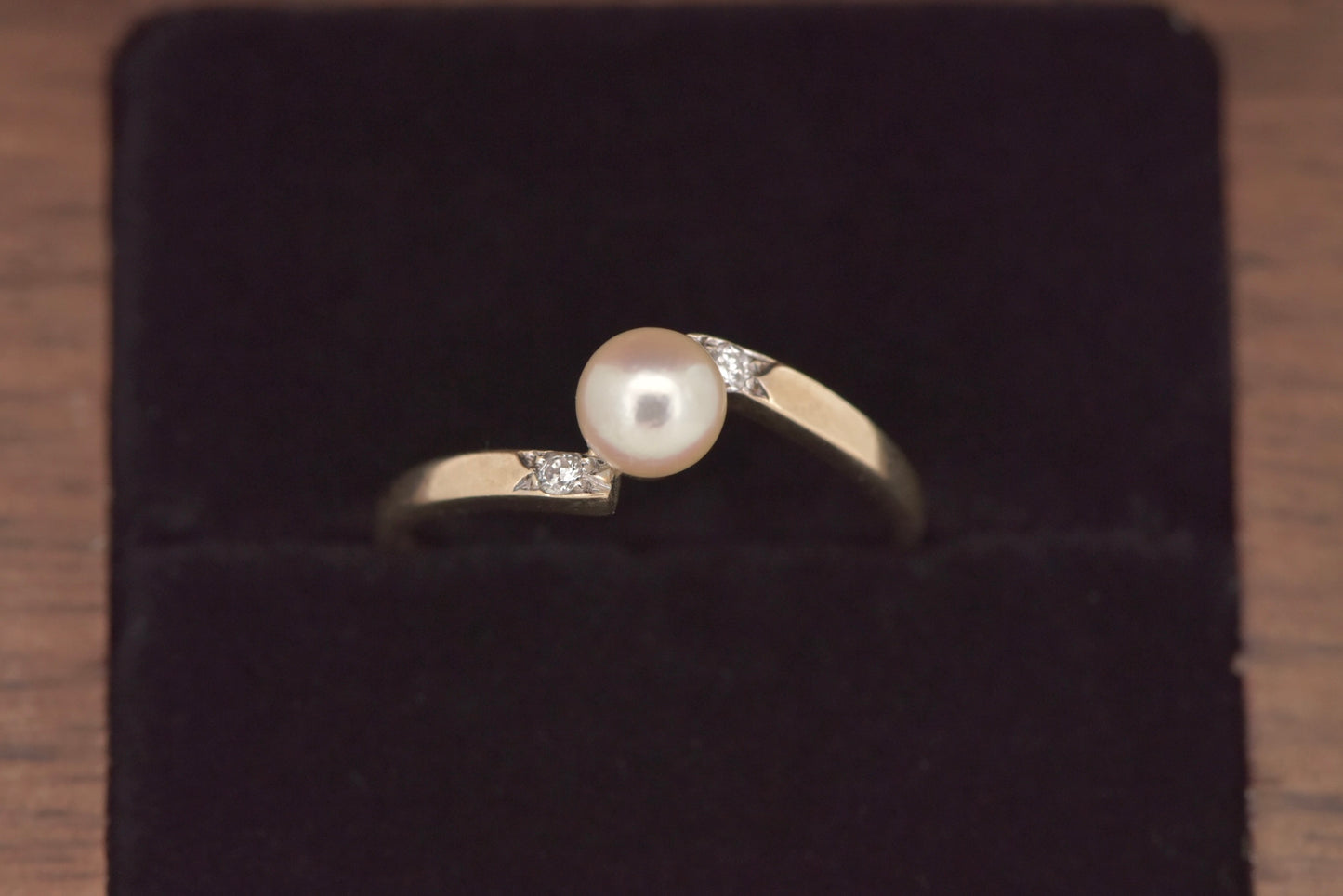 Grace- 9ct vintage pearl bypass with diamonds gold ring
