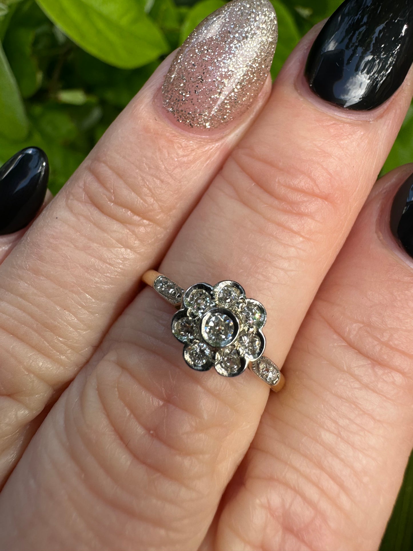 Antique old cut diamond daisy cluster ring