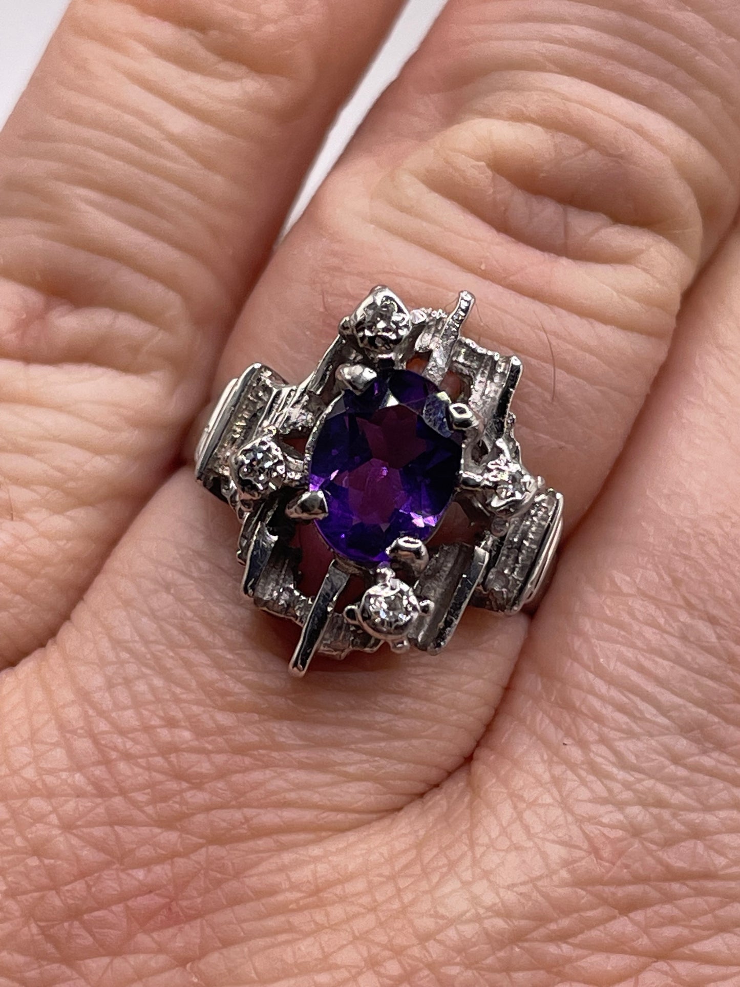 White gold Amethyst & Diamond Brutalist ring