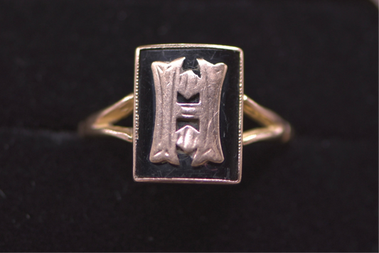 H initial onyx and rose gold ring