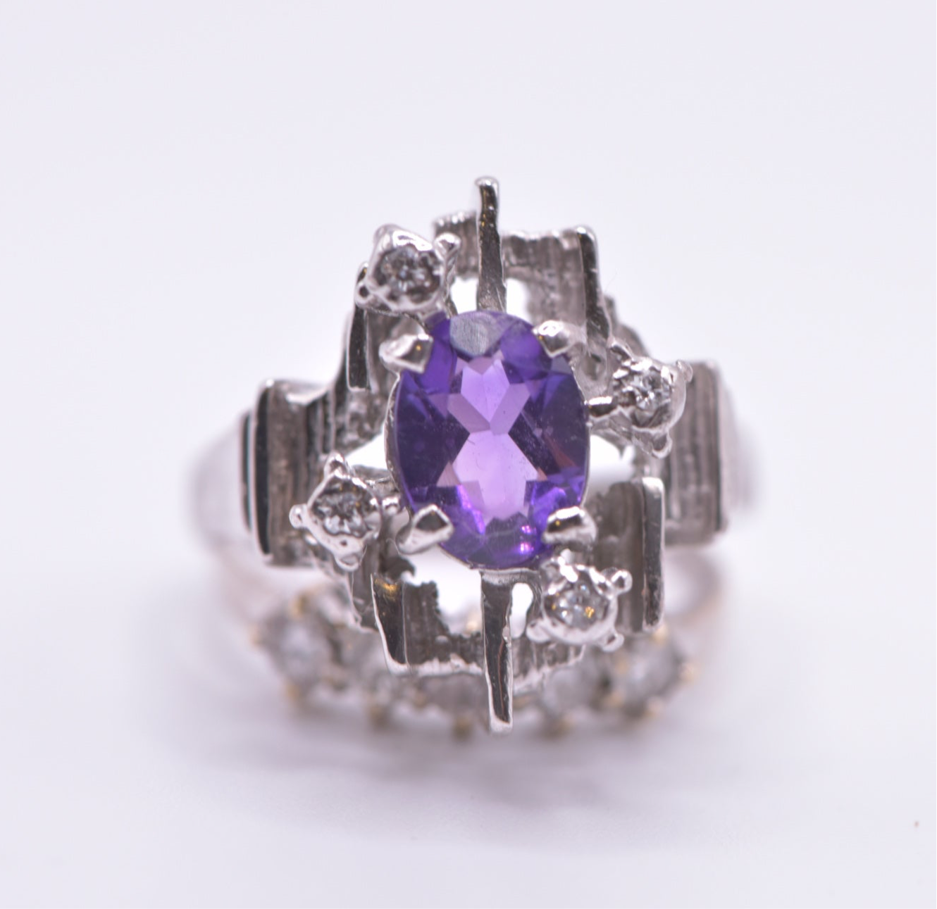 White gold Amethyst & Diamond Brutalist ring