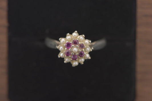 Silvia mini - Silver ring mini cocktail cluster ring with Pearl and pink colored stones