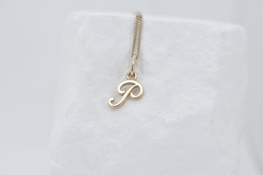 Letter P 9ct yellow gold script charm - bale is currently open