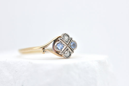 Alice ring - Antique handmade Sapphire and diamond ring in 18ct yellow gold with silver - gold ring