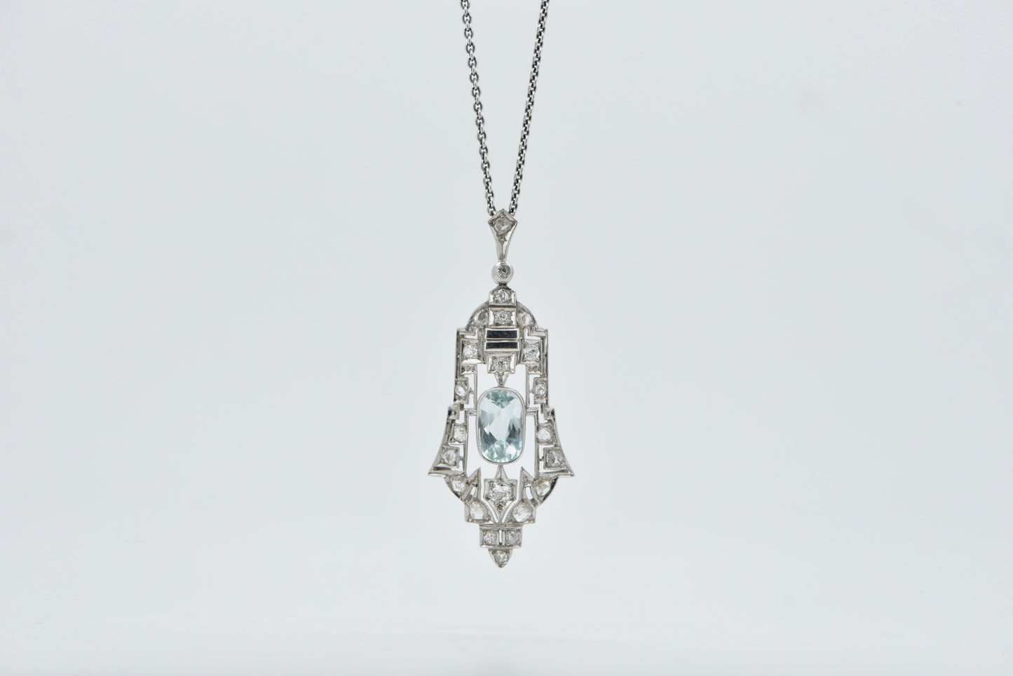 Antique Art Deco Aquamarine and old cut diamond pendant in 14ct white gold