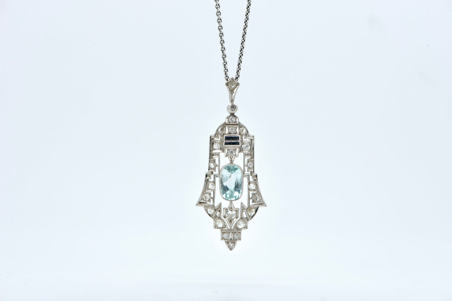 Antique Art Deco Aquamarine and old cut diamond pendant in 14ct white gold
