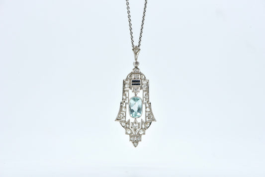 Antique Art Deco Aquamarine and old cut diamond pendant in 14ct white gold