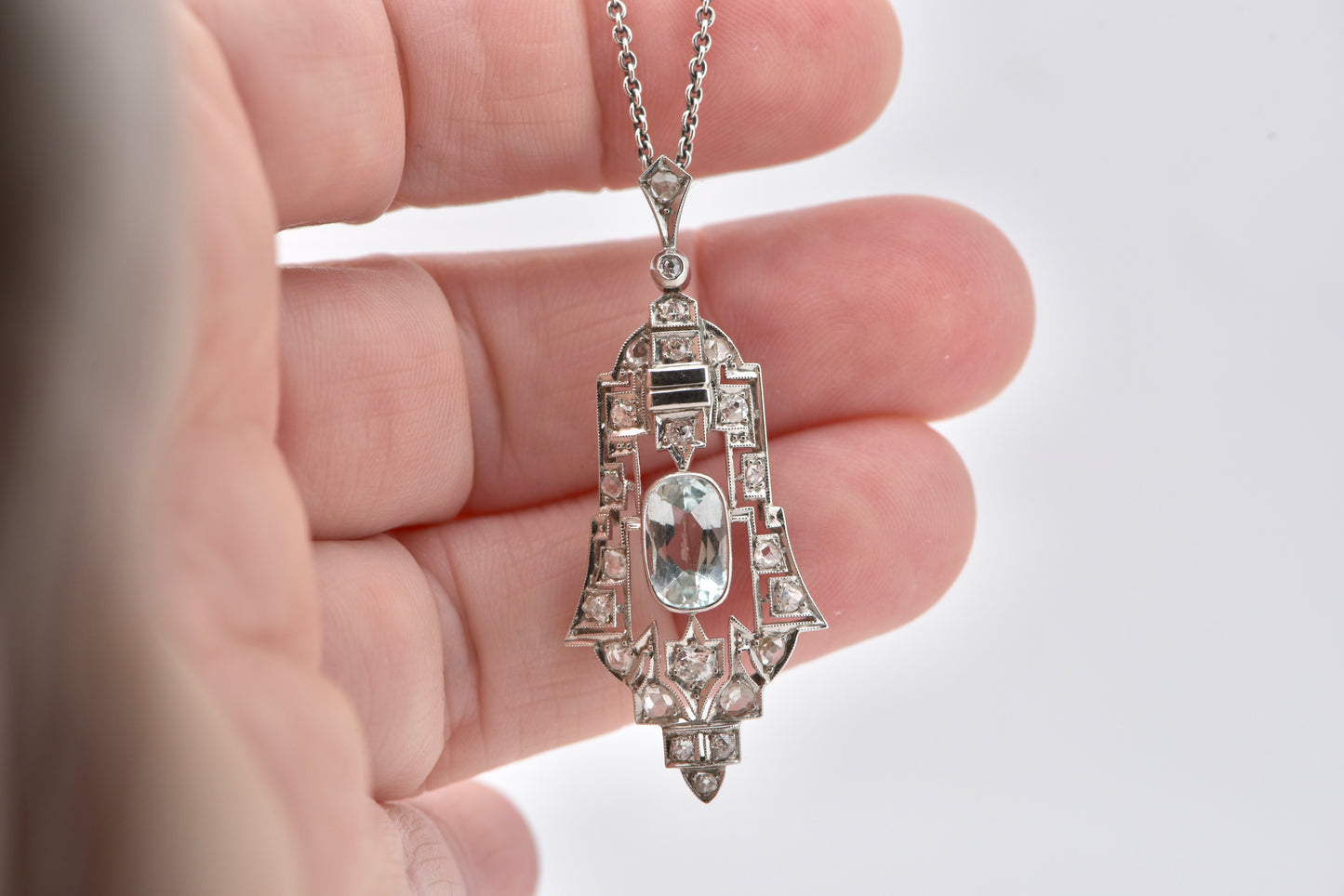 Antique Art Deco Aquamarine and old cut diamond pendant in 14ct white gold