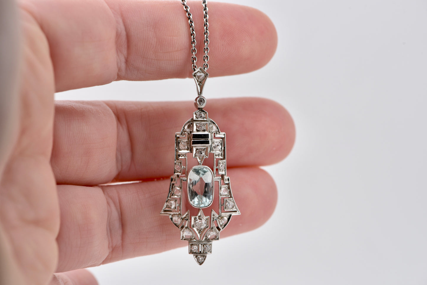 Antique Art Deco Aquamarine and old cut diamond pendant in 14ct white gold
