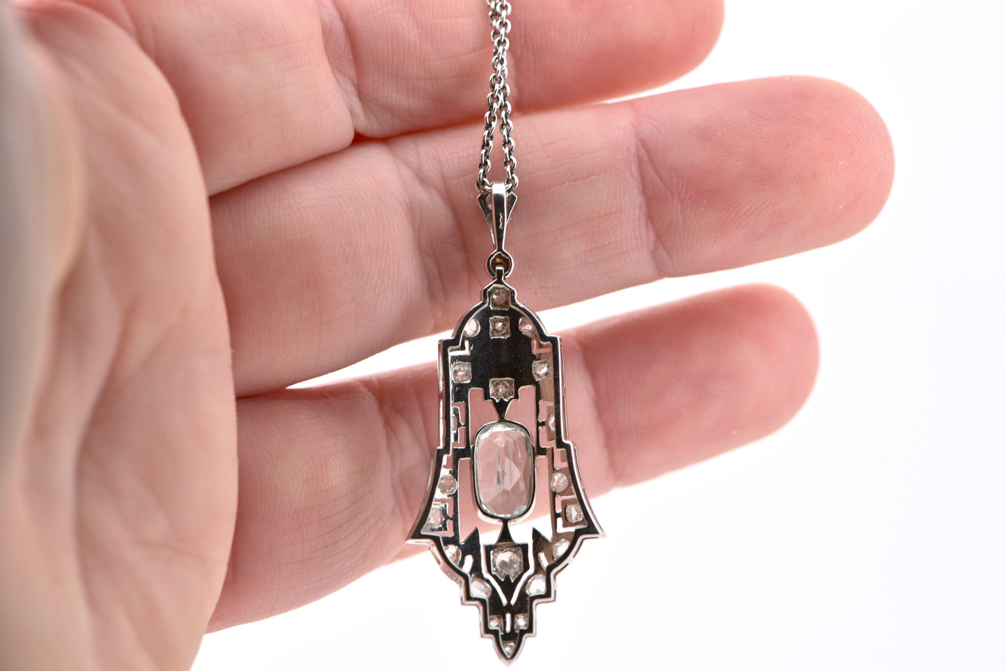 Antique Art Deco Aquamarine and old cut diamond pendant in 14ct white gold