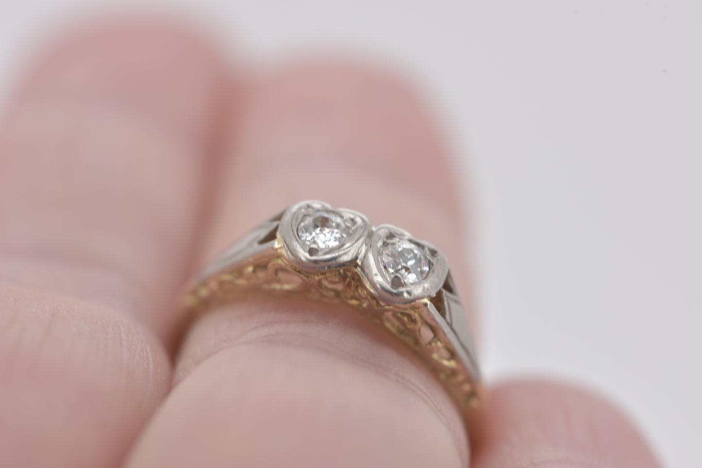 Agnes and Ingrid - Twin hearts 18ct Art Deco Toi et Moi Filigree with OLD CUT diamonds gold ring
