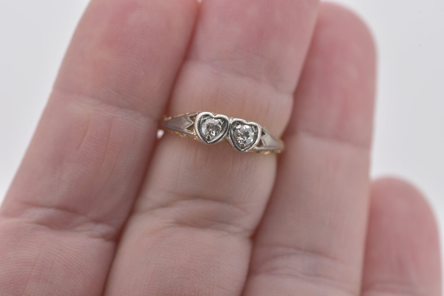 Agnes and Ingrid - Twin hearts 18ct Art Deco Toi et Moi Filigree with OLD CUT diamonds gold ring