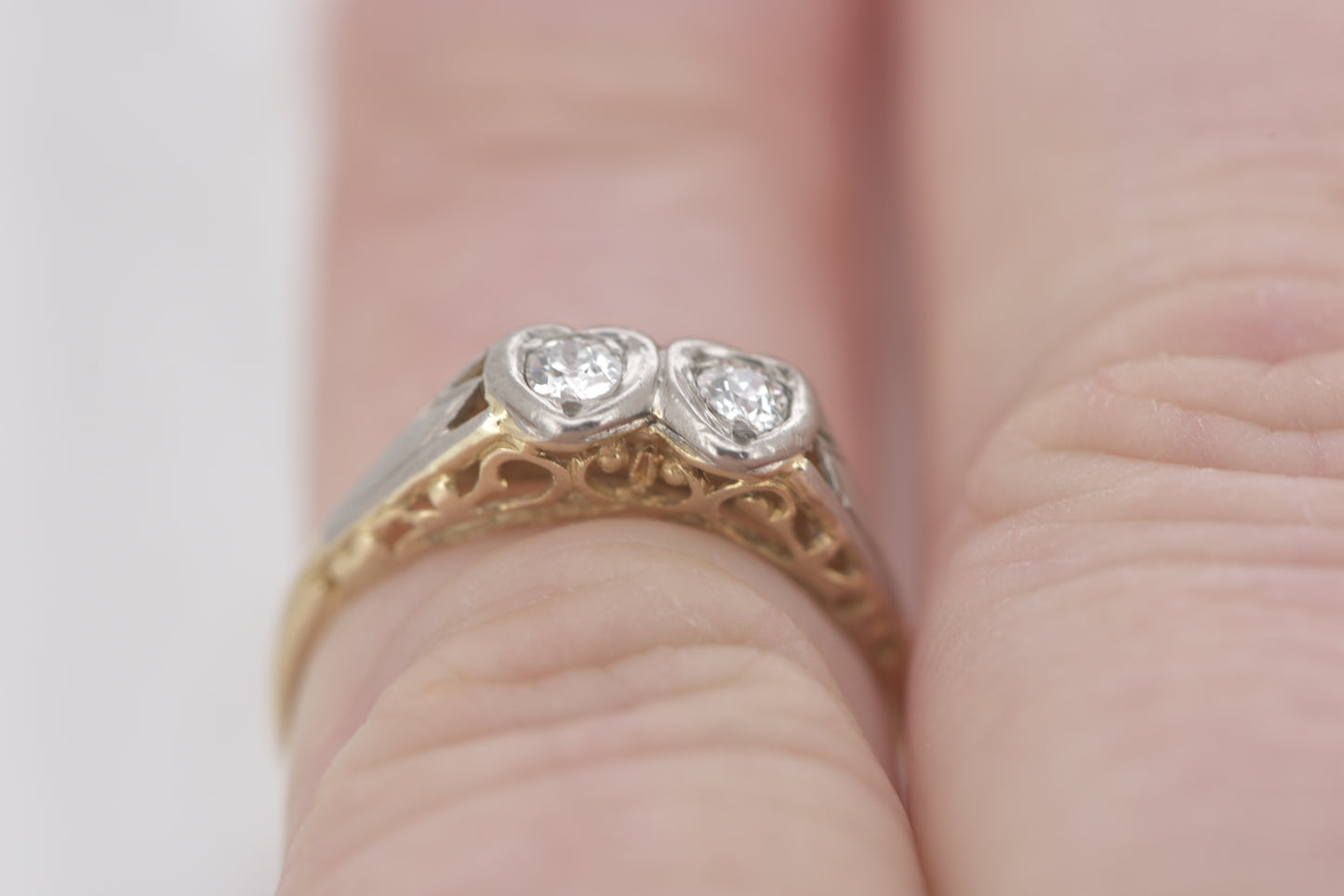 Agnes and Ingrid - Twin hearts 18ct Art Deco Toi et Moi Filigree with OLD CUT diamonds gold ring