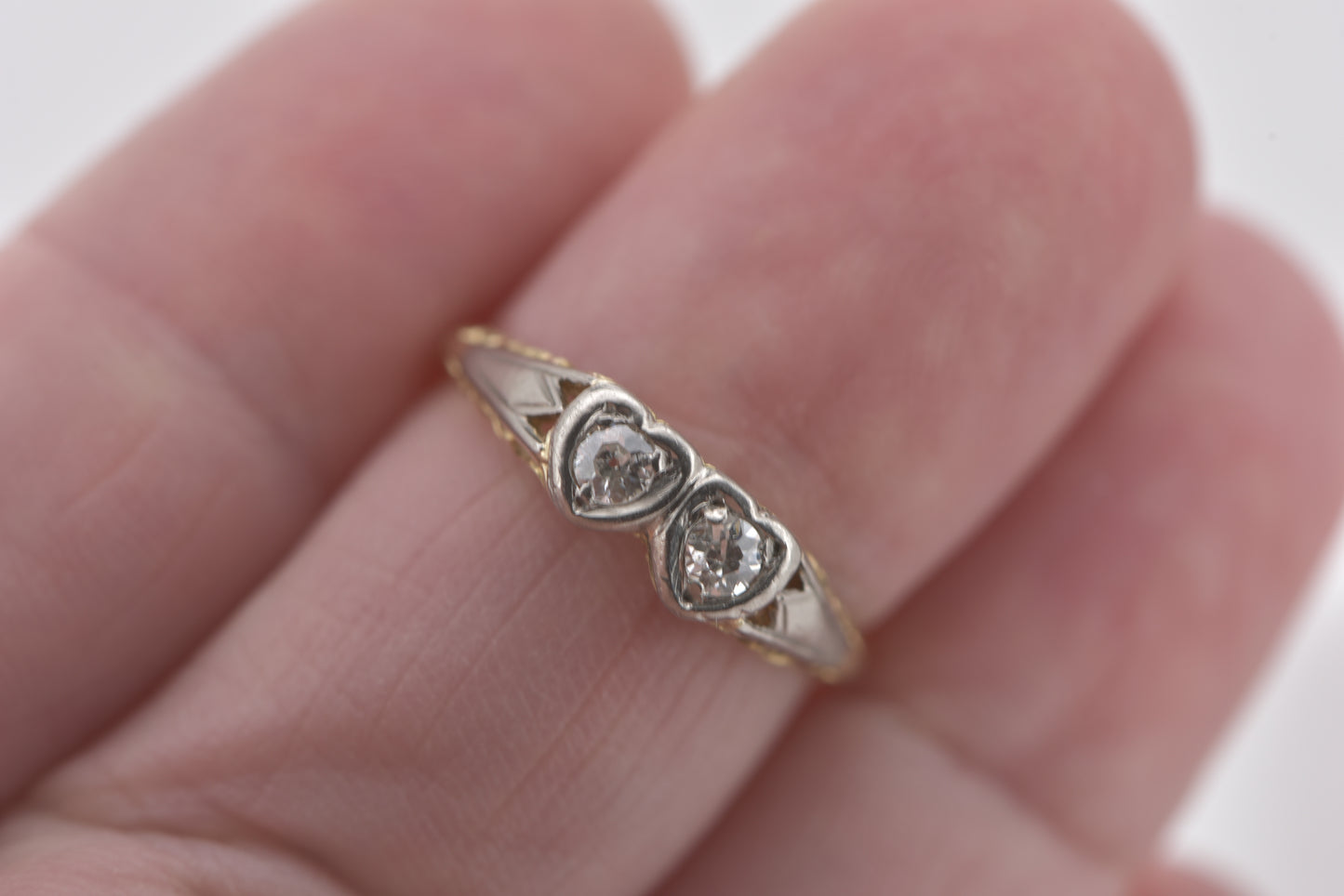 Agnes and Ingrid - Twin hearts 18ct Art Deco Toi et Moi Filigree with OLD CUT diamonds gold ring