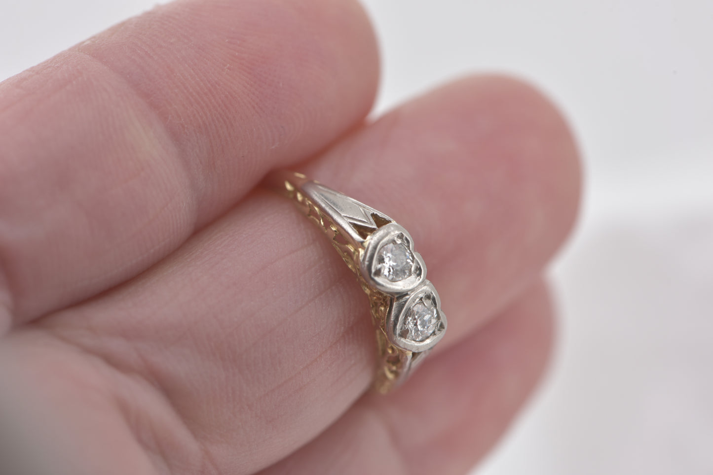 Agnes and Ingrid - Twin hearts 18ct Art Deco Toi et Moi Filigree with OLD CUT diamonds gold ring