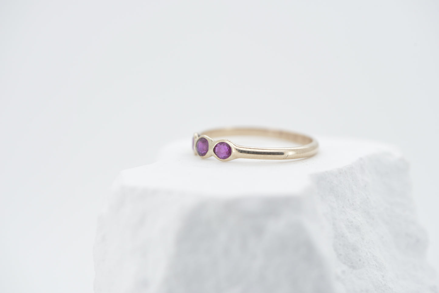 Rosie - 9ct yellow gold ring with three old cut rubies