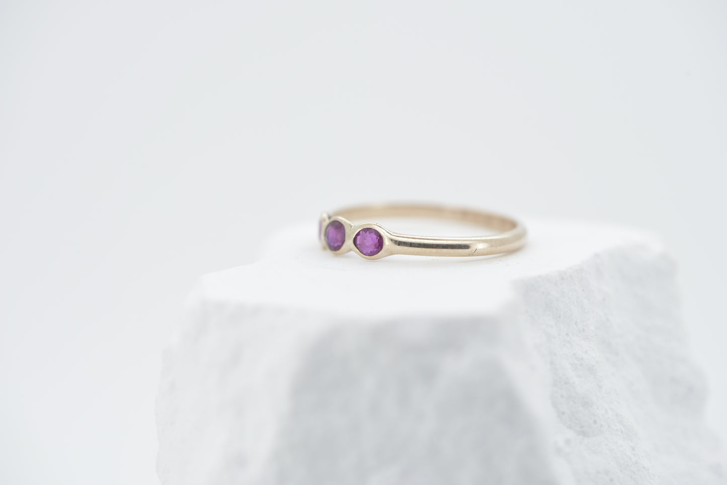 Rosie - 9ct yellow gold ring with three old cut rubies