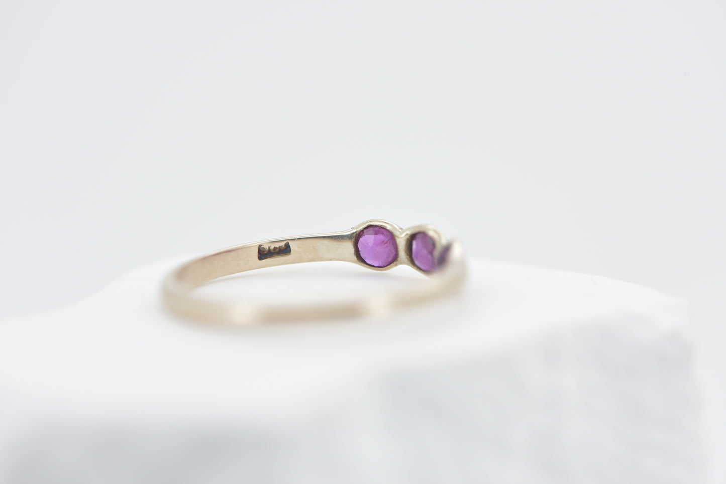 Rosie - 9ct yellow gold ring with three old cut rubies